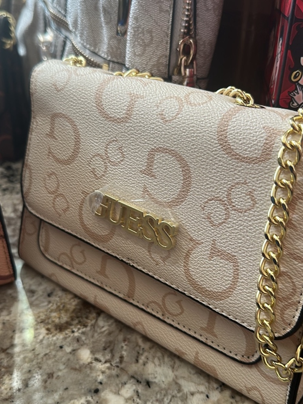 GUESS Beige Logo Crossbody with Gold Chain